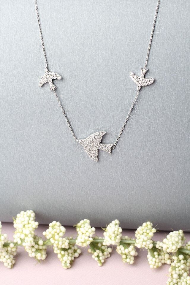 Kuş Kolye Kırlangıç Gümüş Zirkon Taşlı 925 Ayar Kolye