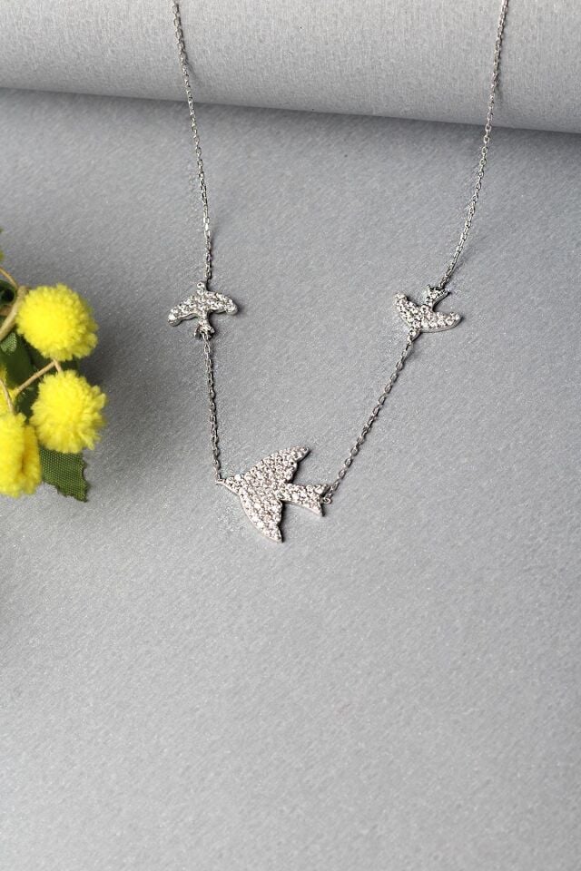 Kuş Kolye Kırlangıç Gümüş Zirkon Taşlı 925 Ayar Kolye