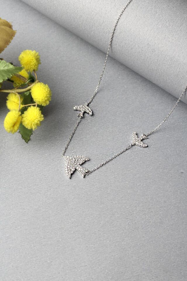 Kuş Kolye Kırlangıç Gümüş Zirkon Taşlı 925 Ayar Kolye