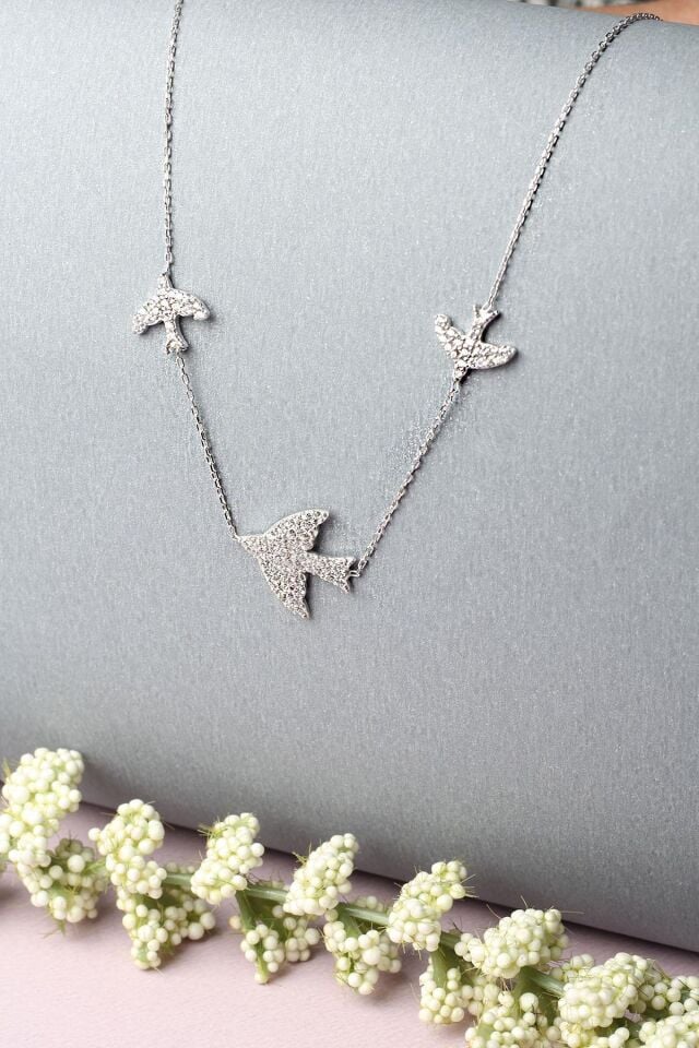 Kuş Kolye Kırlangıç Gümüş Zirkon Taşlı 925 Ayar Kolye