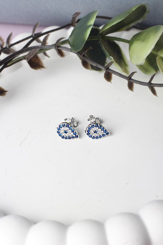 Nazar Göz Küpe Gümüş Damla 925 Ayar Zirkon Taşlı Küpe