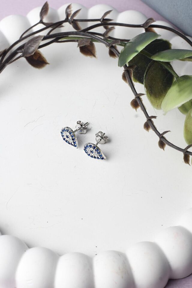 Nazar Göz Küpe Gümüş Damla 925 Ayar Zirkon Taşlı Küpe