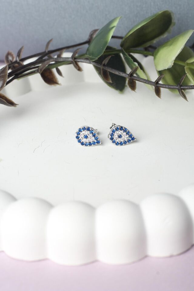 Nazar Göz Küpe Gümüş Damla 925 Ayar Zirkon Taşlı Küpe