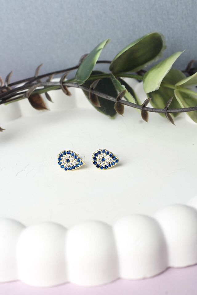 Nazar Göz Küpe Gümüş Damla 925 Ayar Zirkon Taşlı Küpe