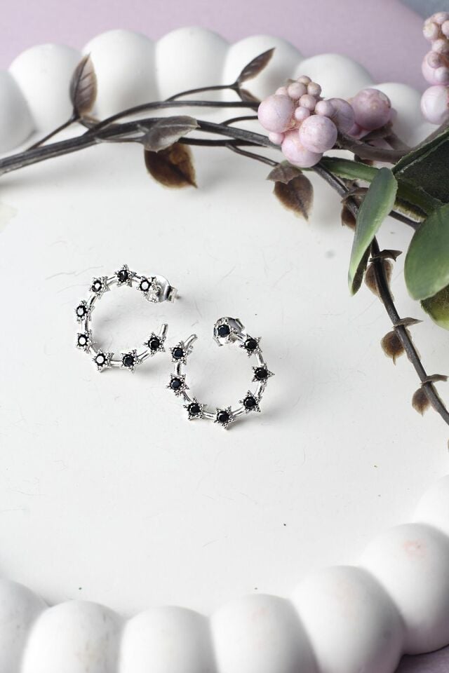 Yıldız Küpe Yuvarlak Gümüş 925 Ayar Zirkon Taşlı Küpe