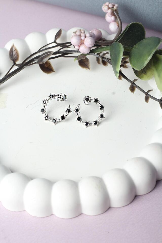 Yıldız Küpe Yuvarlak Gümüş 925 Ayar Zirkon Taşlı Küpe