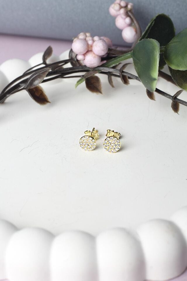 Yuvarlak Gümüş Küpe 925 Ayar Gümüş Zirkon Taşlı Küpe