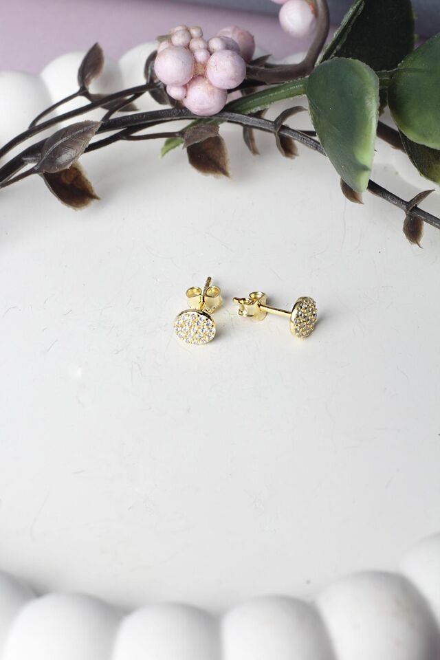 Yuvarlak Gümüş Küpe 925 Ayar Gümüş Zirkon Taşlı Küpe