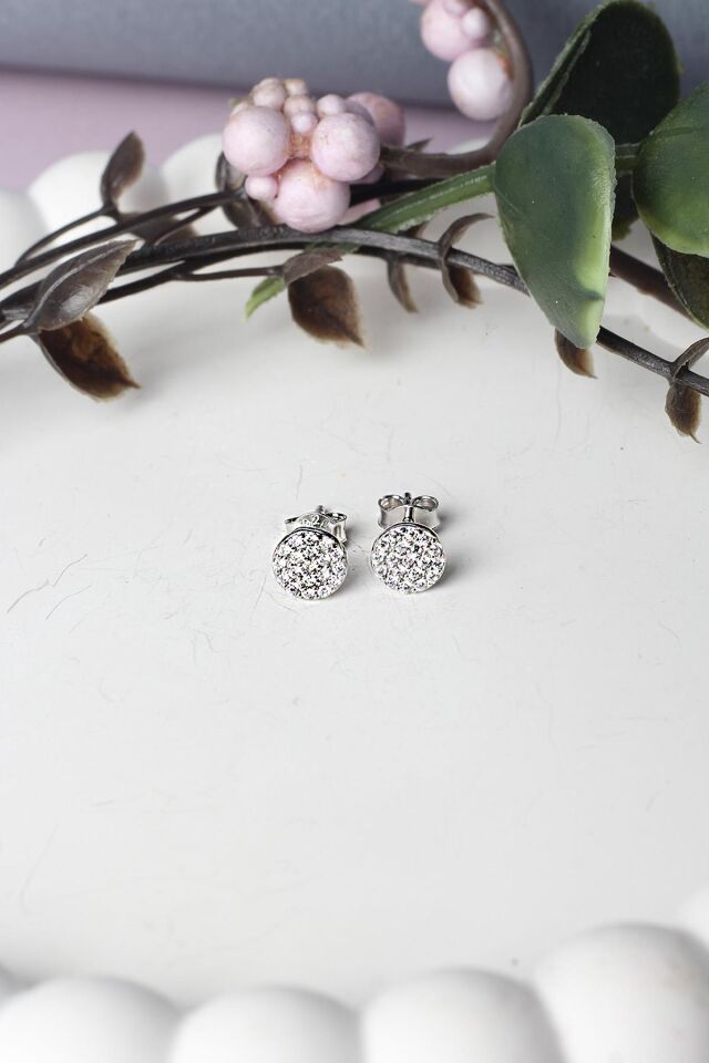 Yuvarlak Gümüş Küpe 925 Ayar Gümüş Zirkon Taşlı Küpe