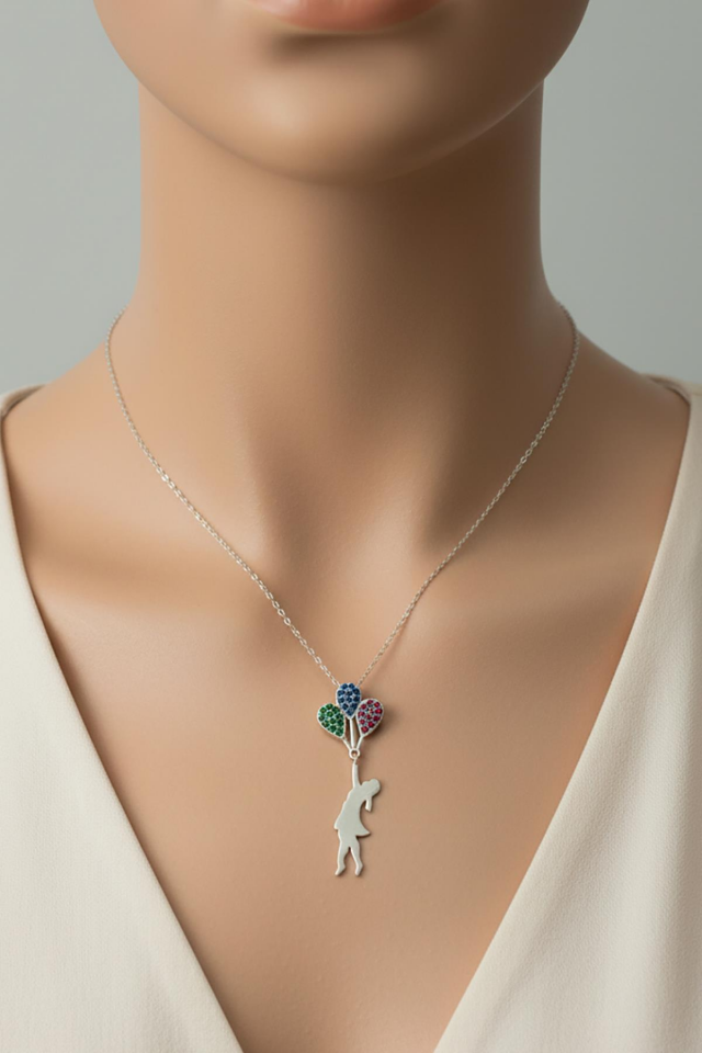 Balon Tutan Kız Kolye 925 Ayar Gümüş