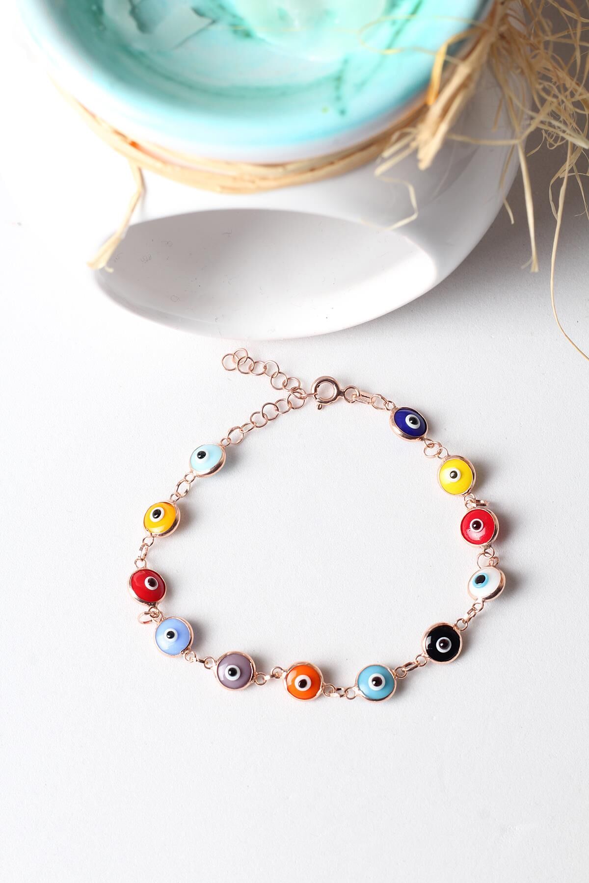 Renki Yuvarlak Göz Nazar Gümüş Bileklik - Rose