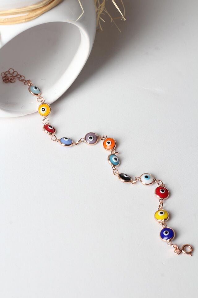 Renki Yuvarlak Göz Nazar Gümüş Bileklik - Rose