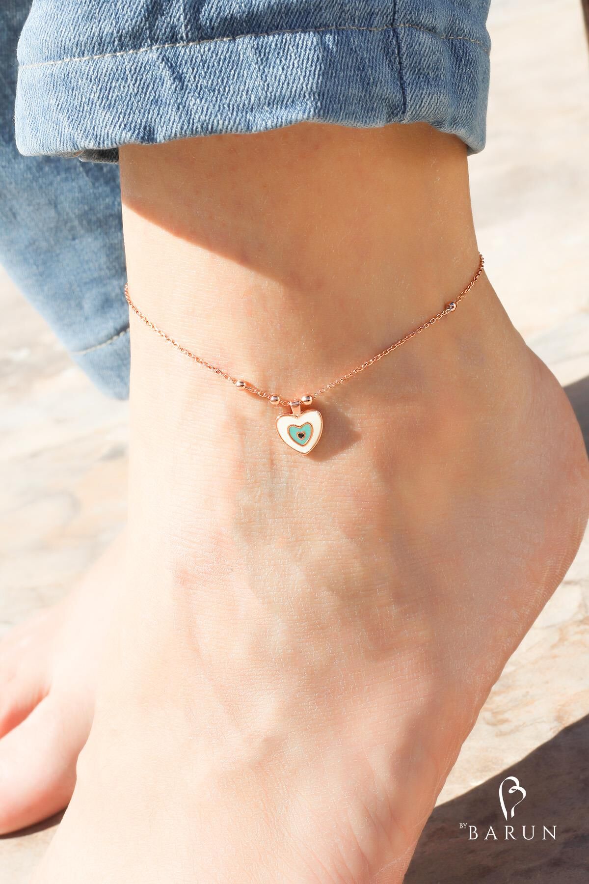 Halhal Kadın Rose 925 Ayar Gümüş Beyaz Mavi Mineli Kalp Halhal