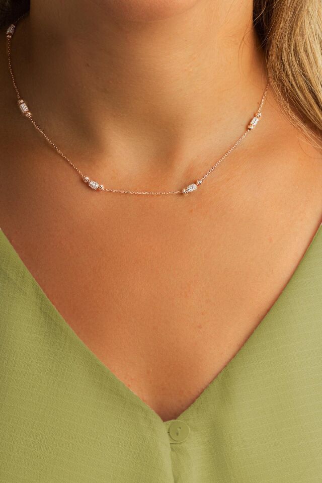 Zincirli Beyaz Taş Kolye -Rose