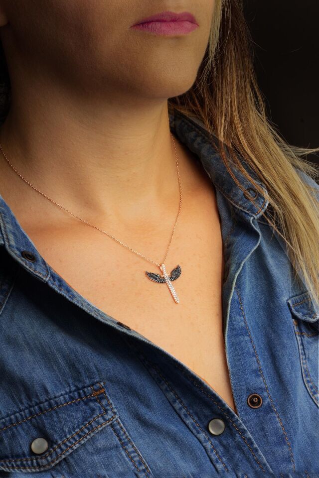 Siyah Taşlı Mikail Meleği Kolye - Rose KL-0673