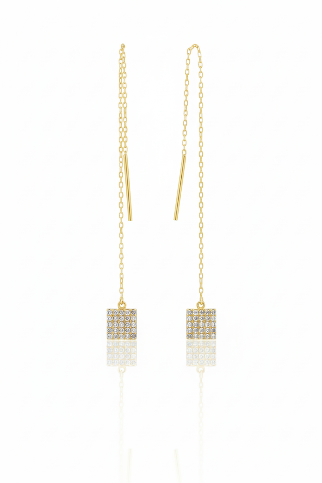 Beyaz Taşlı Zincirli Kare Küpe - Rose