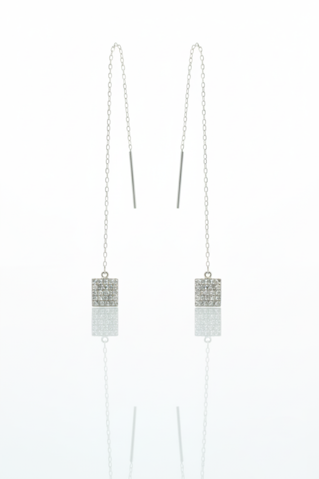 Beyaz Taşlı Zincirli Kare Küpe - Rose