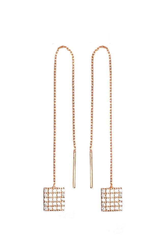 Beyaz Taşlı Zincirli Kare Küpe - Rose