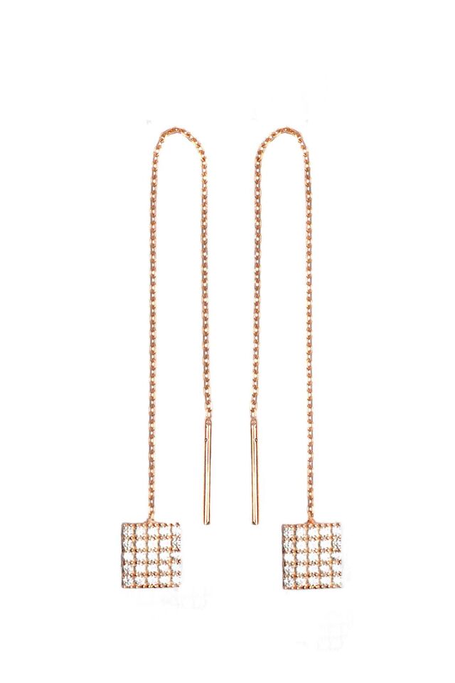 Beyaz Taşlı Zincirli Kare Küpe - Rose