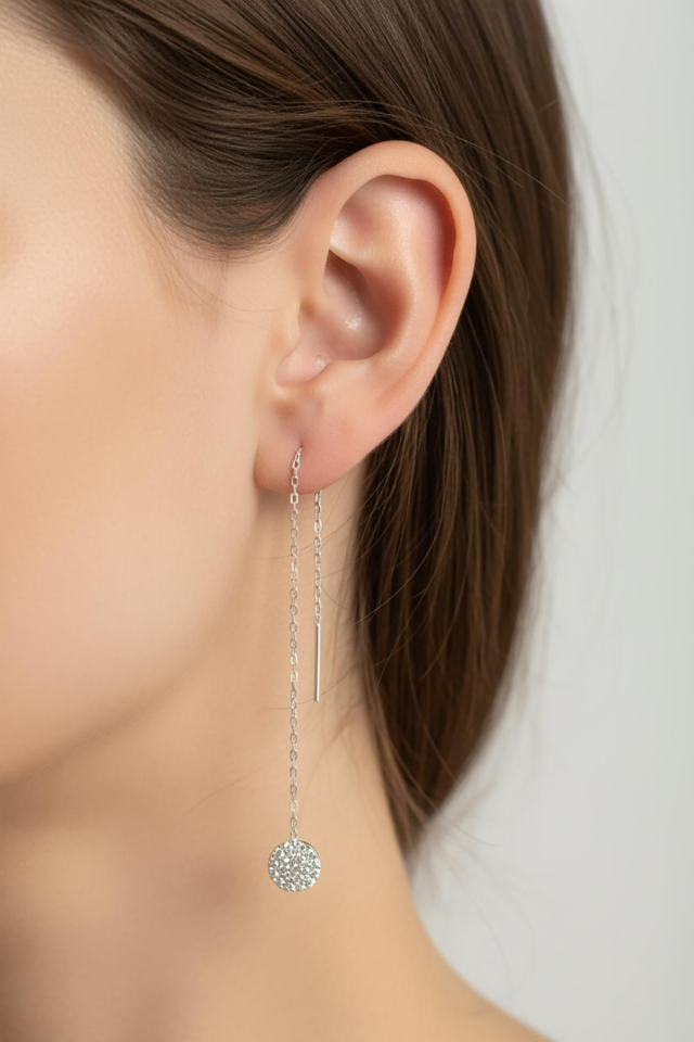 Yuvarlak Taşlı Zincir Küpe - Rose