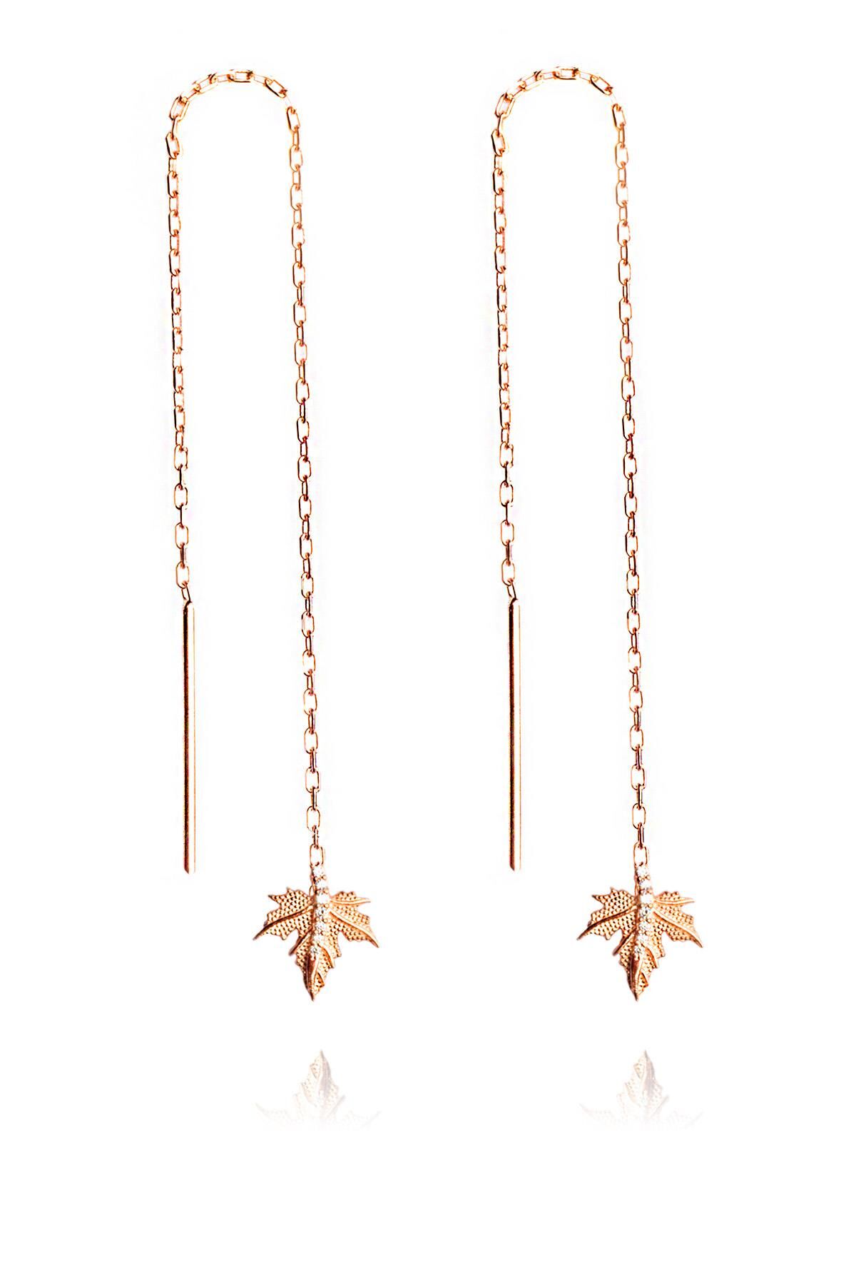 Çınar Yapraklı Zincir Küpe - Rose