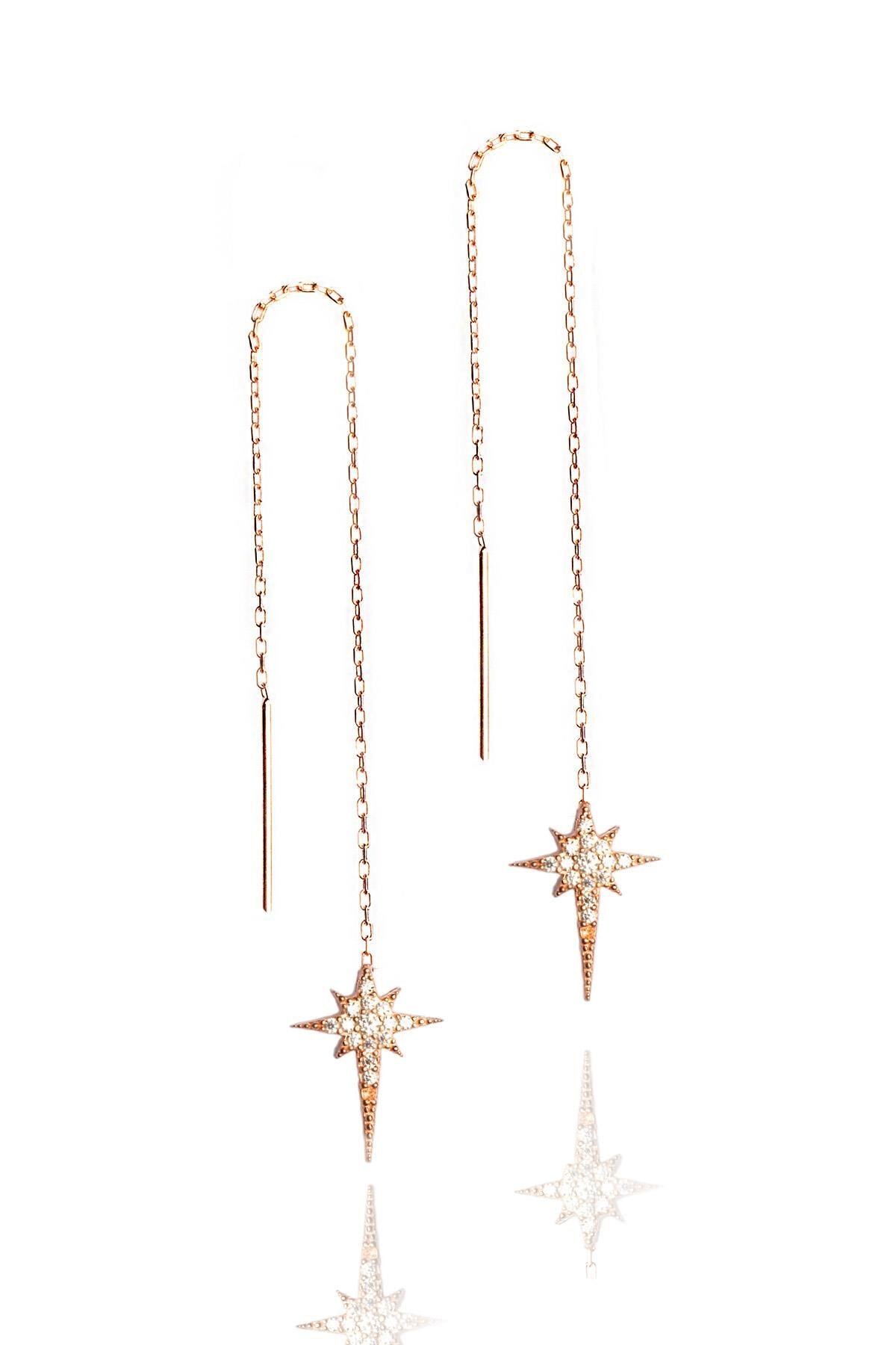 Taşlı Kuzey Yıldızı Zincir Küpe - Rose