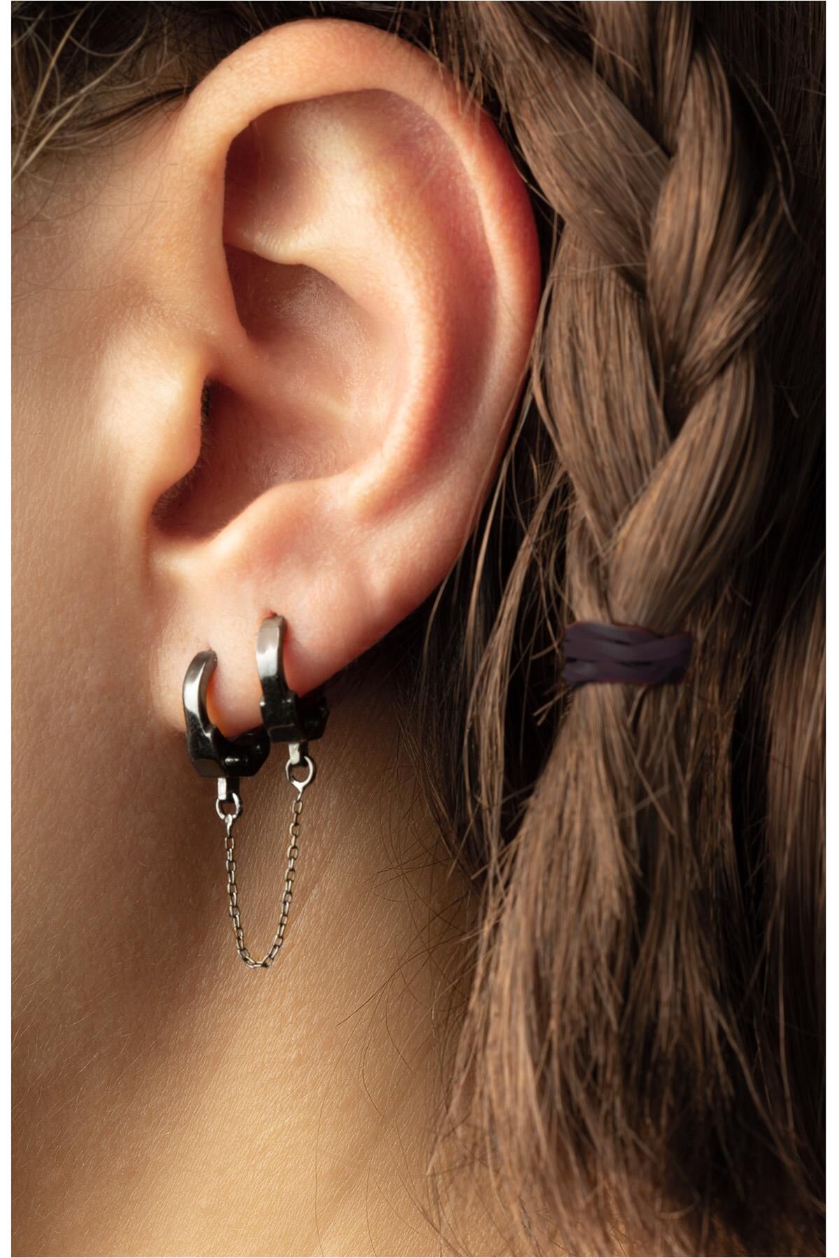 Zincirli Kelepçe Küpe - Siyah