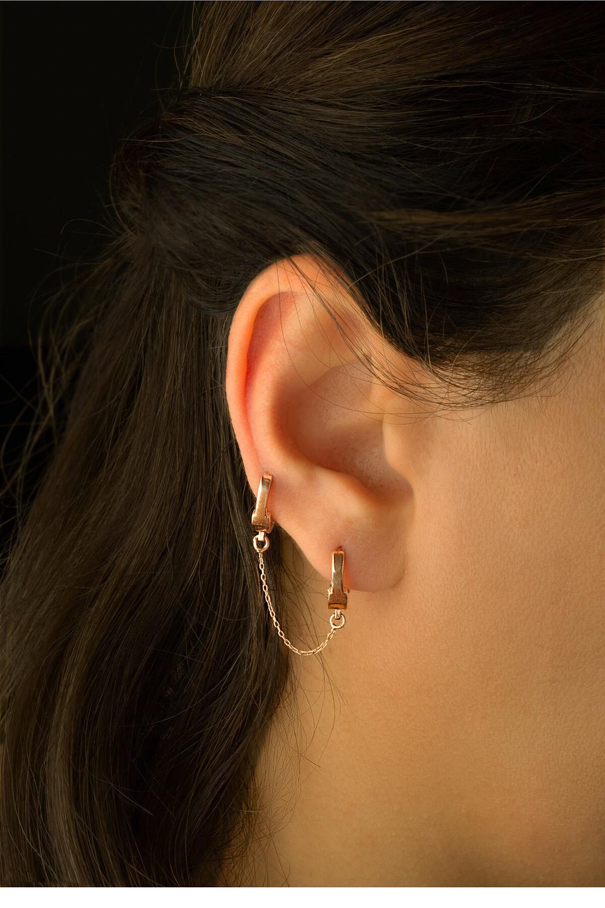 Zincirli Kelepçe Küpe - Rose