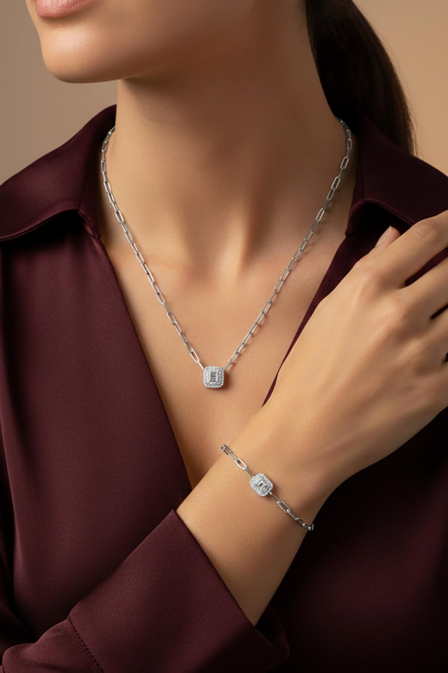 Zincir Gümüş Set Kolye Bileklik Baget Taşlı 925 Ayar