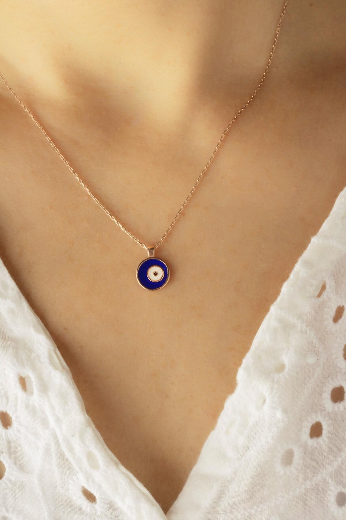 Lacivert Mineli Yuvarlak Göz Kolye - Rose