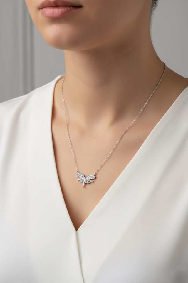 Beyaz Taşlı Mikail Meleği Kolye - Rose