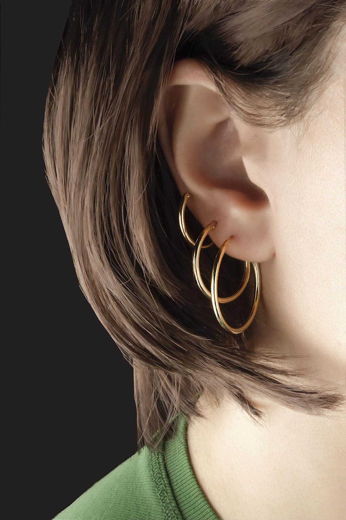 Üçü Bir Arada Üçlü Halka Küpe - Sarı