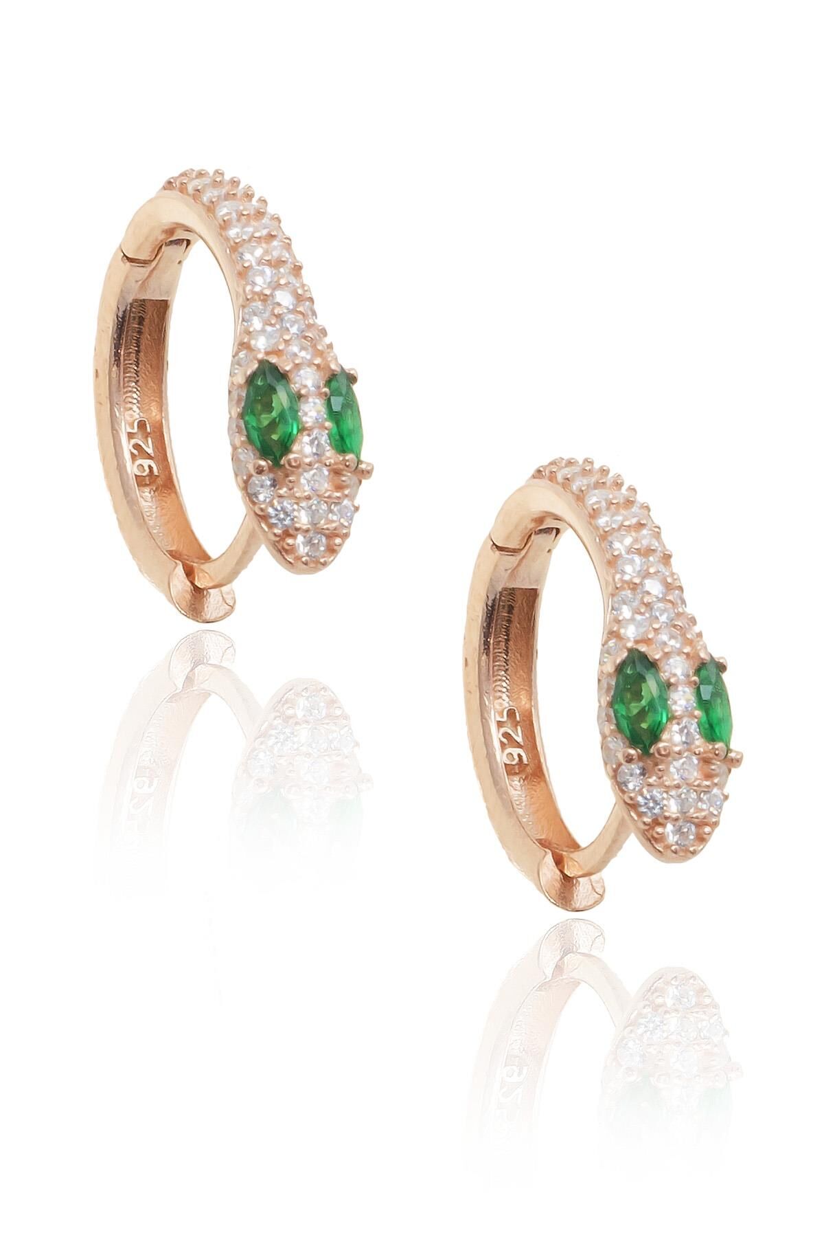 Yeşil Zümrütlü Yılan Modeli Halka Küpe - Rose