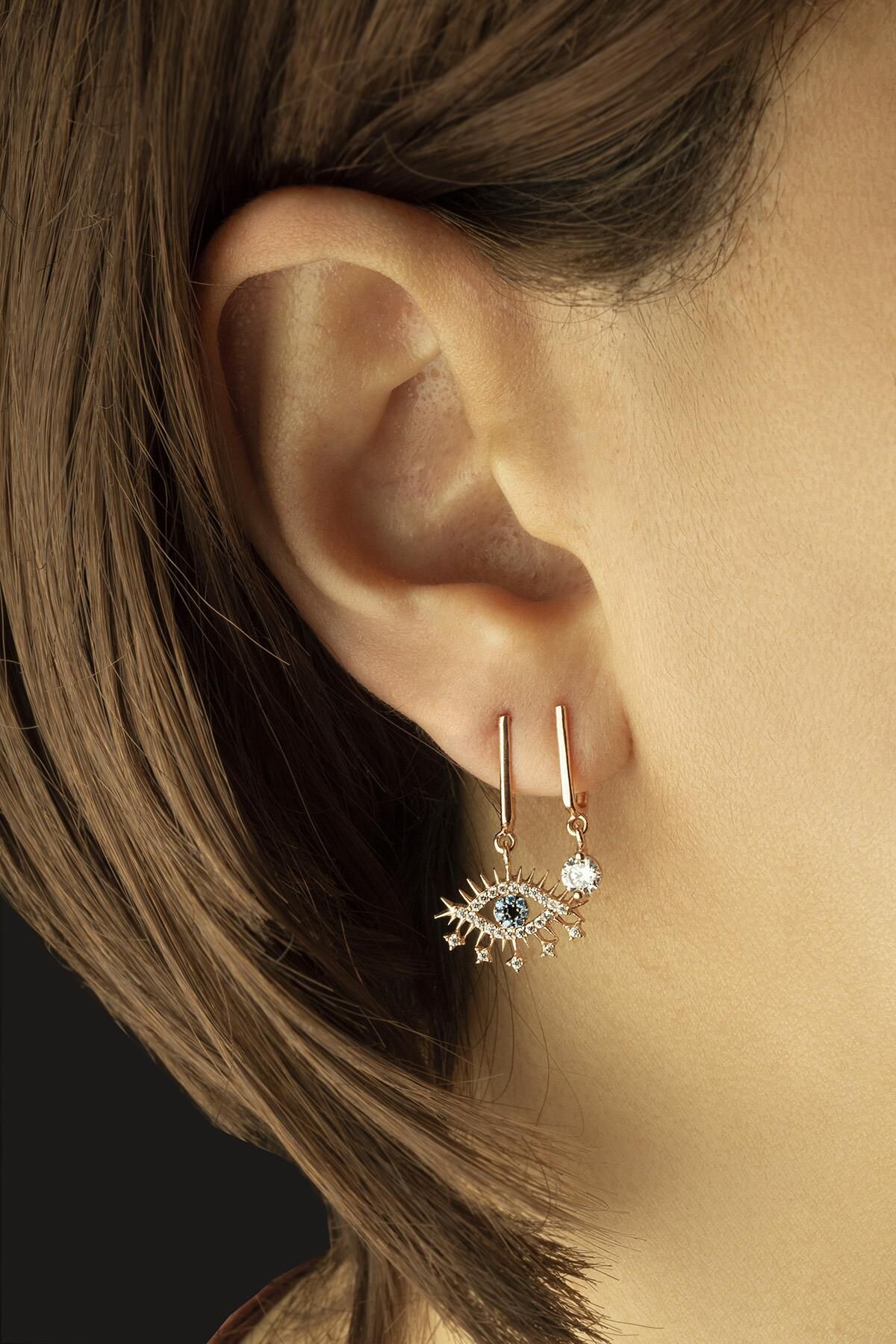 Tek Taşlı Sallantılı Göz Küpe - Rose