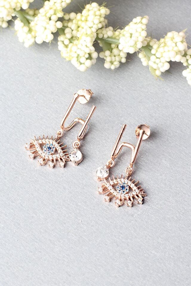 Tek Taşlı Sallantılı Göz Küpe - Rose