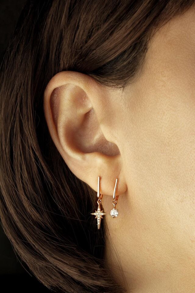 Tek Taşlı Sallantılı Kuzey Yıldızı Küpe - Rose