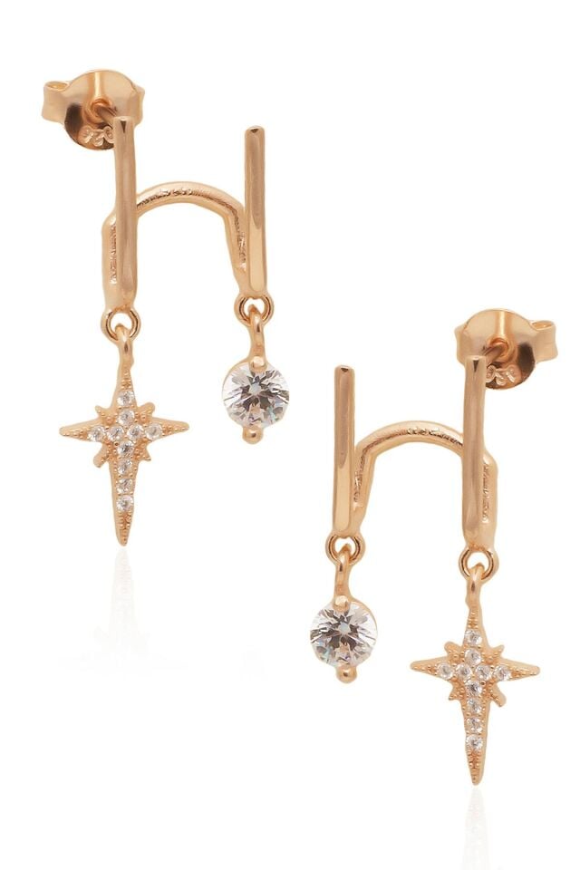 Tek Taşlı Sallantılı Kuzey Yıldızı Küpe - Rose