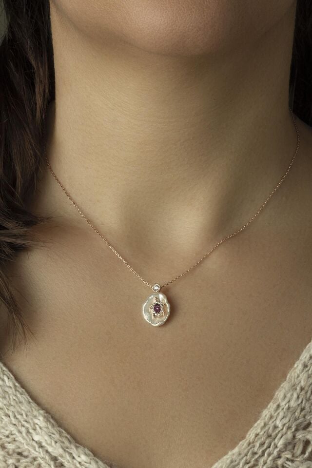 Barok Beyaz İnci Pembe Taşlı Kaplumbağa Model  Şans Gümüş Kolye - Rose