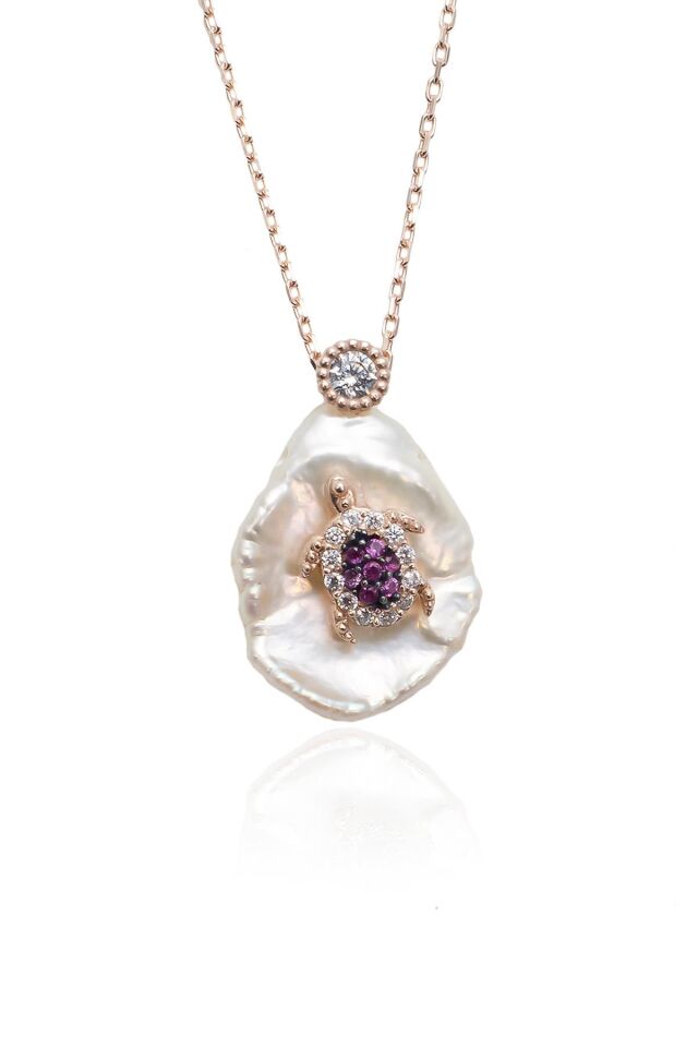 Barok Beyaz İnci Pembe Taşlı Kaplumbağa Model  Şans Gümüş Kolye - Rose