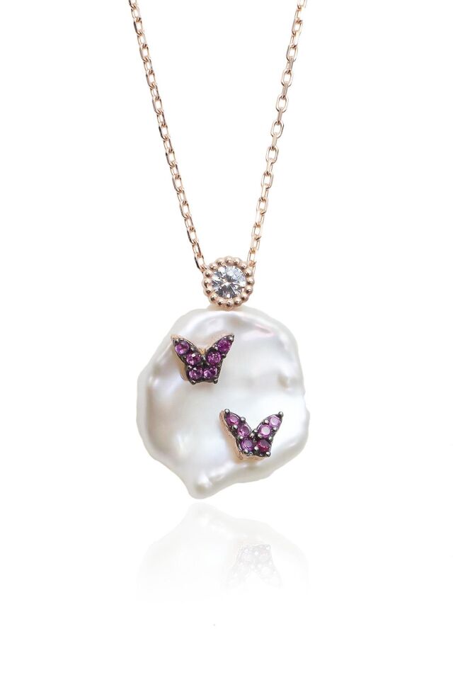 Sedef Barok Beyaz  İnci Yusufçuk Kolye - Rose