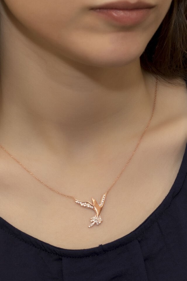 Beyaz Taşlı Anka Kuşu Kolye - Rose