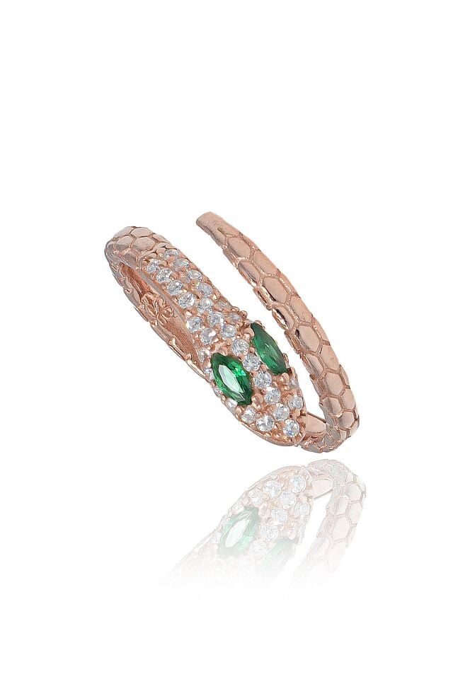 Yeşil Zümrütlü Yılan Model Yüzük - Rose