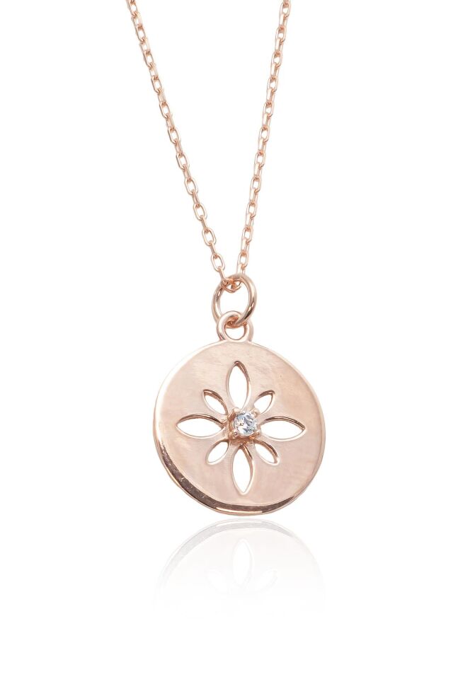 Çiçek Motifli Yuvarlak Tektaş Kolye - Rose
