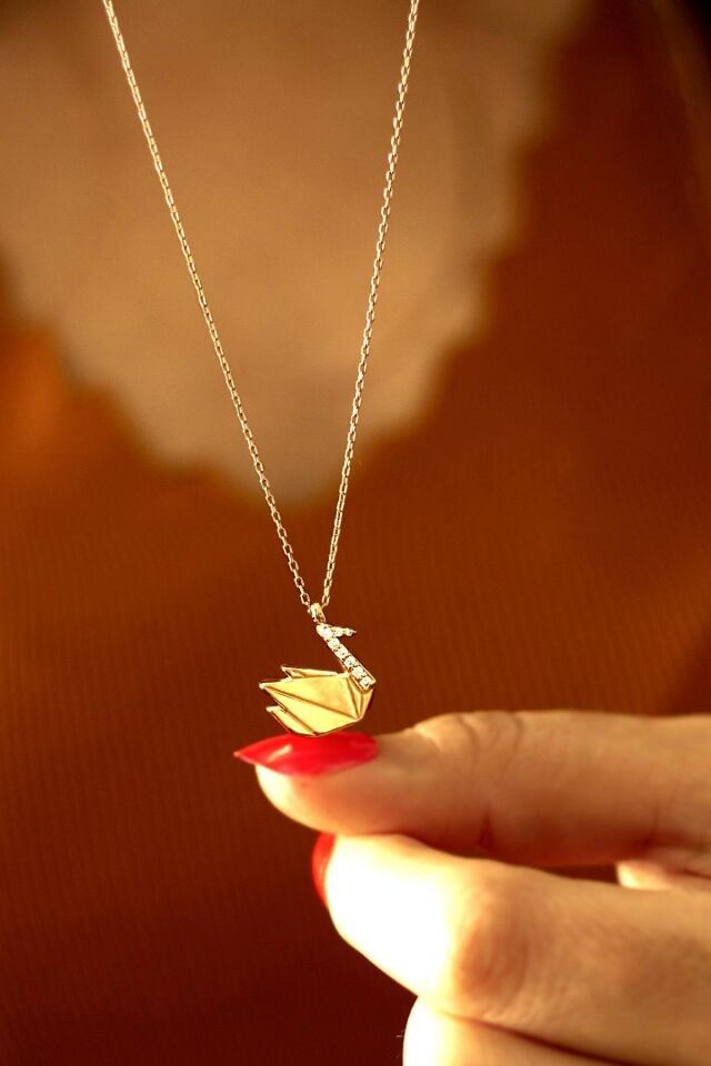 Origami Taşlı Kuğu Kolye - Rose