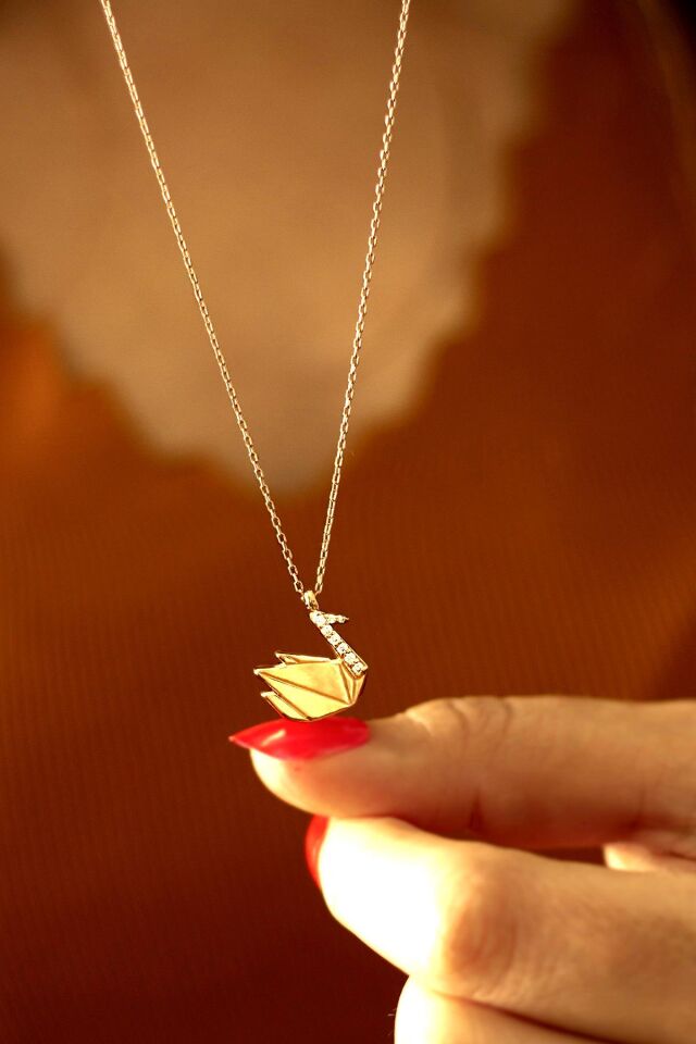 Origami Taşlı Kuğu Kolye - Rose