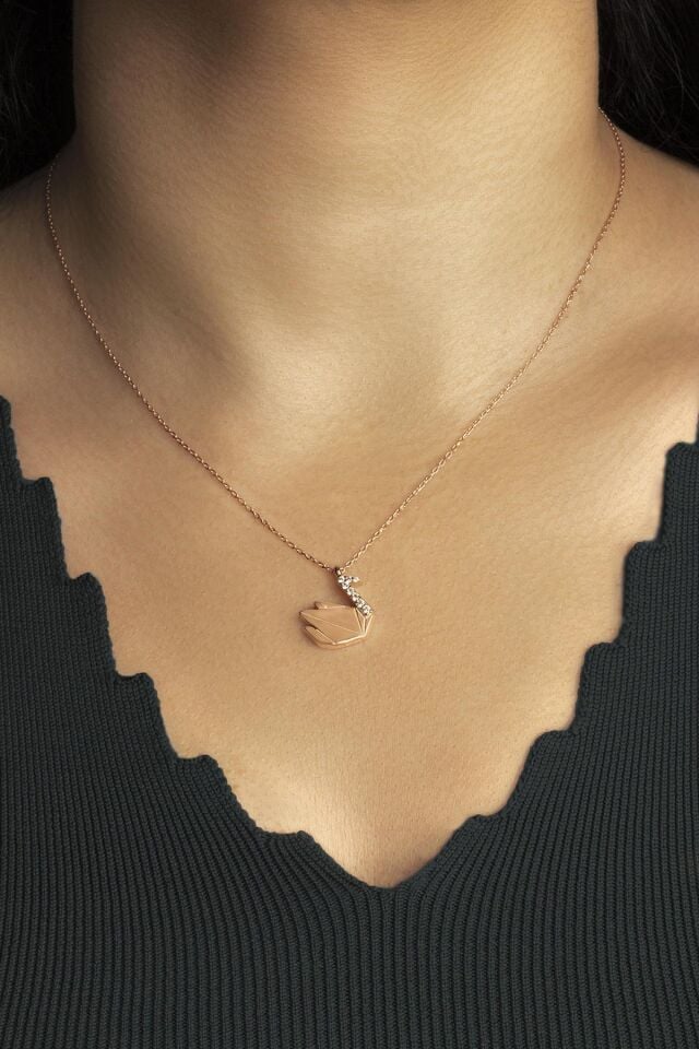 Origami Taşlı Kuğu Kolye - Rose