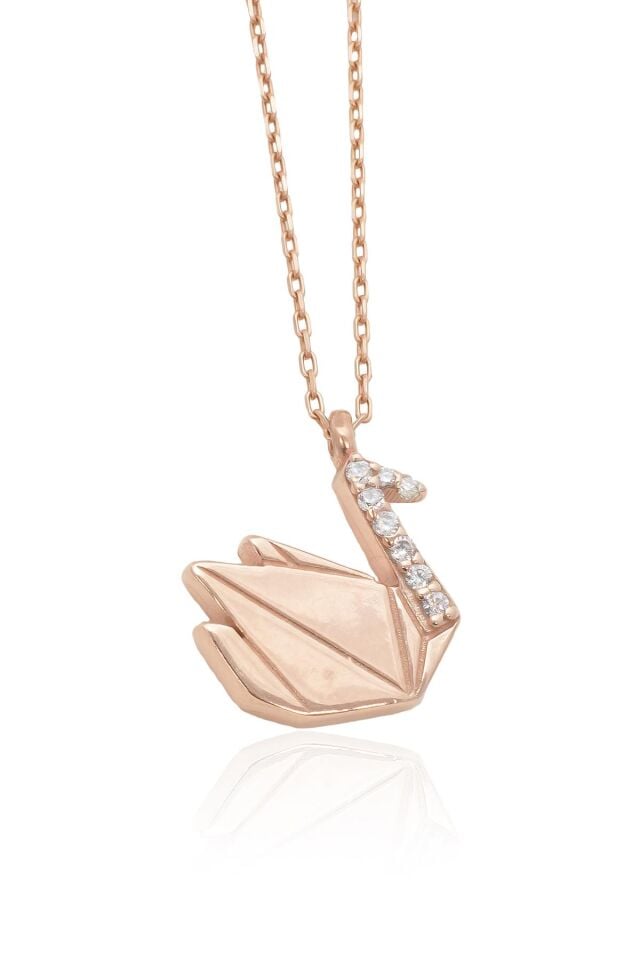 Origami Taşlı Kuğu Kolye - Rose