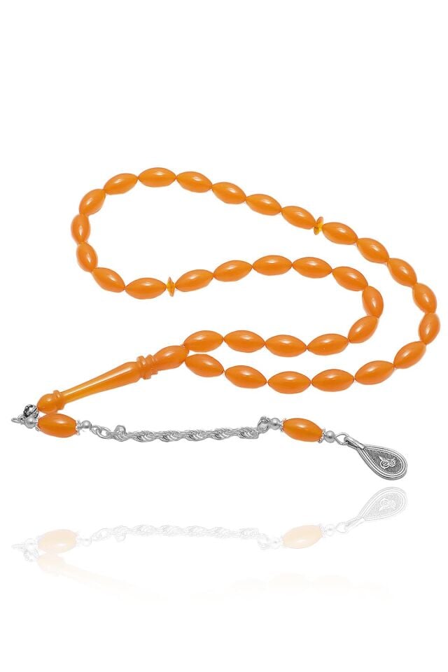 Erkek Arpa Kesim 925 Ayar Gümüş Püsküllü Sıkma Kehribar Tesbih TS-0005