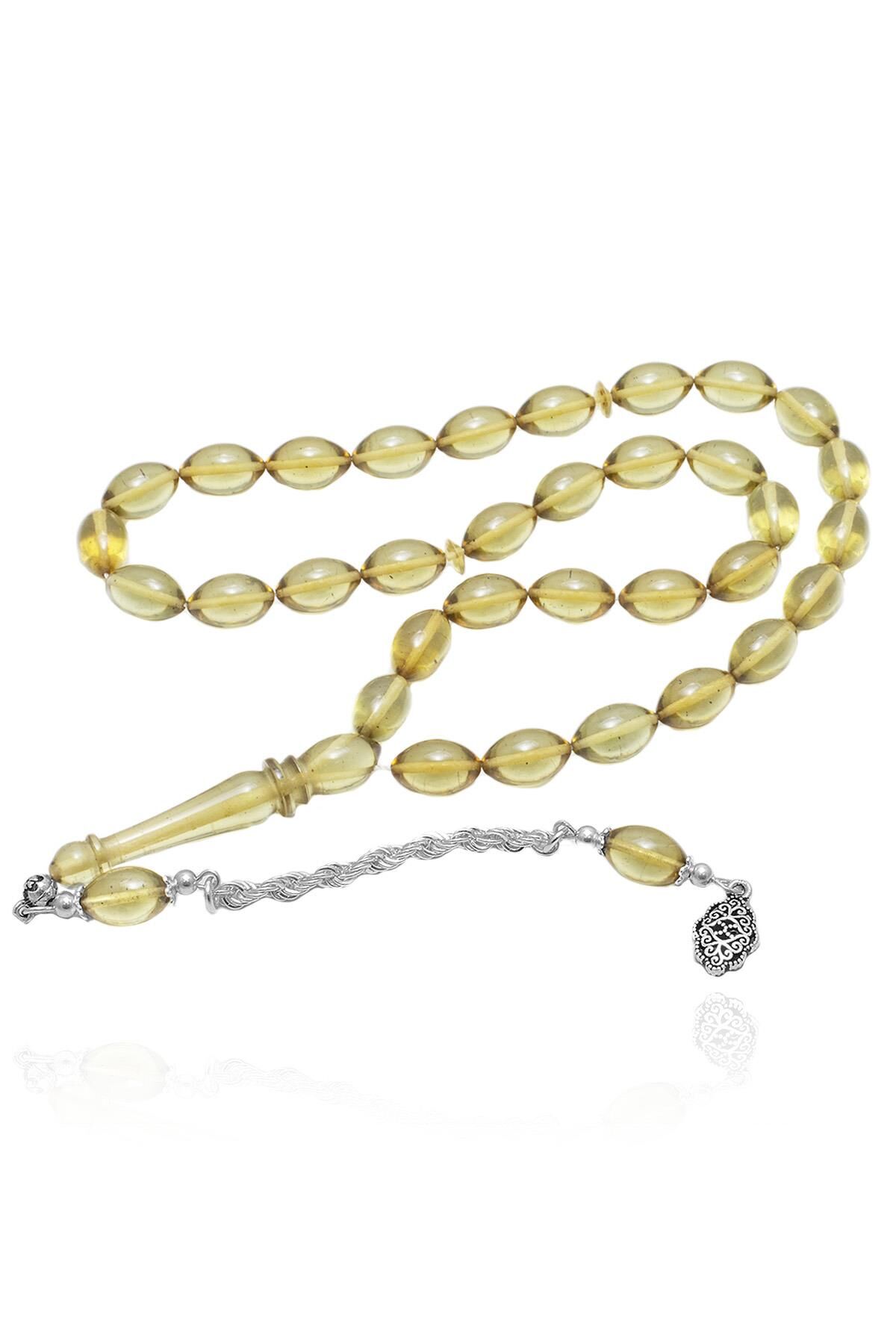 Erkek Arpa Kesim 925 Ayar Gümüş Püsküllü Sıkma Kehribar Tesbih TS-0012