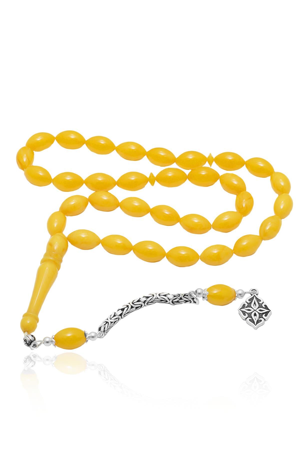 Erkek Arpa Kesim 925 Ayar Gümüş Püsküllü Sıkma Kehribar Tesbih